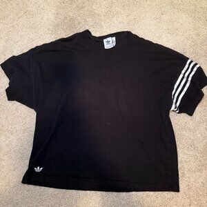 Adidas Originals Black Cropped Boxy T-Shirt 3-Stripe Sleeve Logo Top Size L